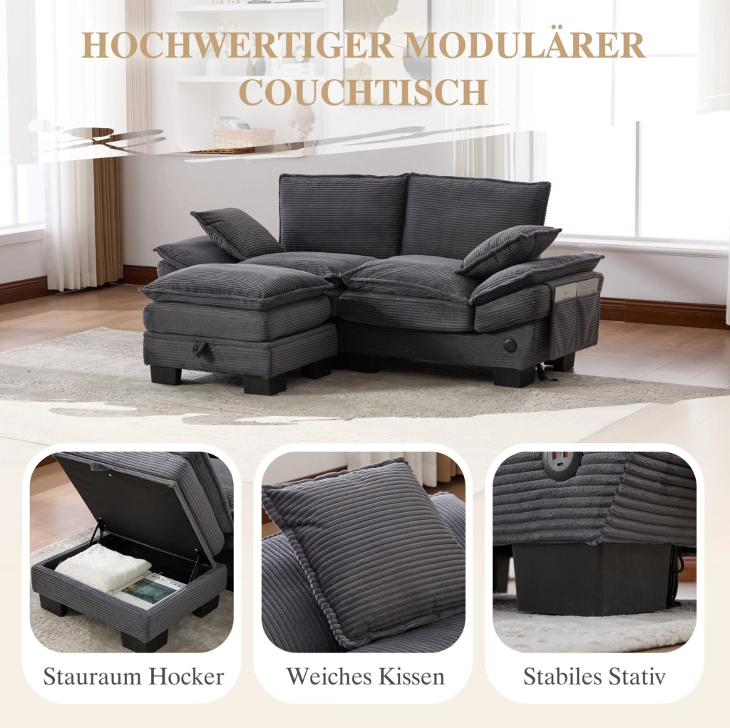 Divano 2 posti con pouf e porta USB-C in tessuto corduroy; 190x132x84 cm; grigio scuro