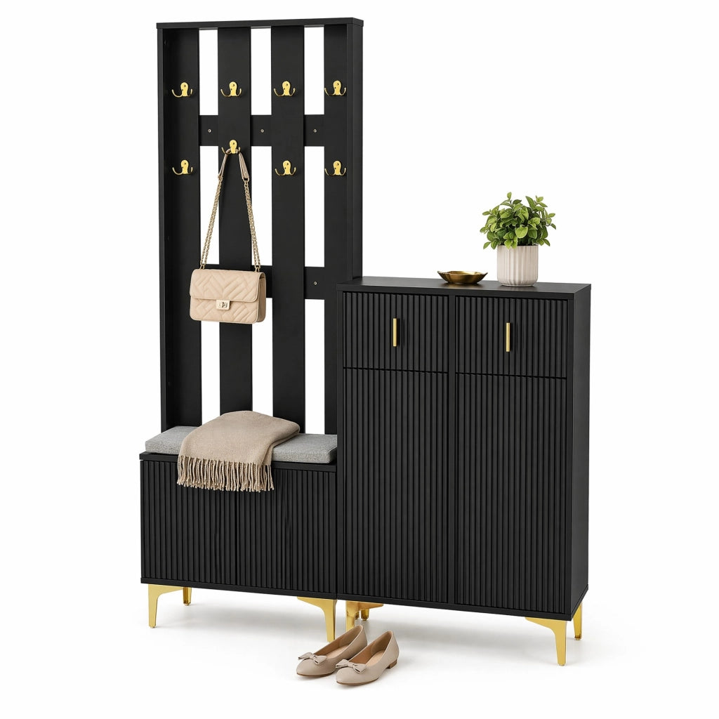 Set Appendiabiti con Panca Porta Scarpe e Cuscino, Armadietto con Cassetti e Ante Nero