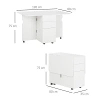 Tavolo da Cucina a Ribalta con 2 Cassetti e Armadietto ad Ante, in Truciolato, 120x80x75 cm, Bianco