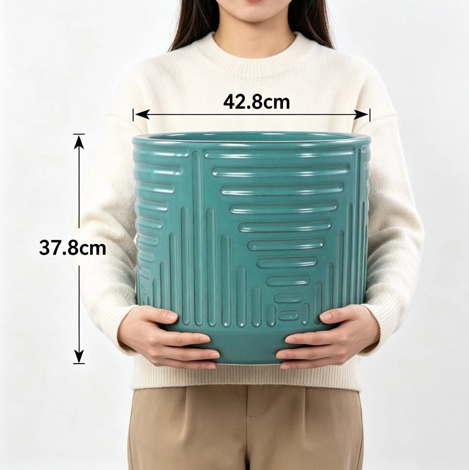 Vaso in ceramica artigianale Ø 42 cm, smaltato lucido turchese, resistente al gelo con foro di drenaggio