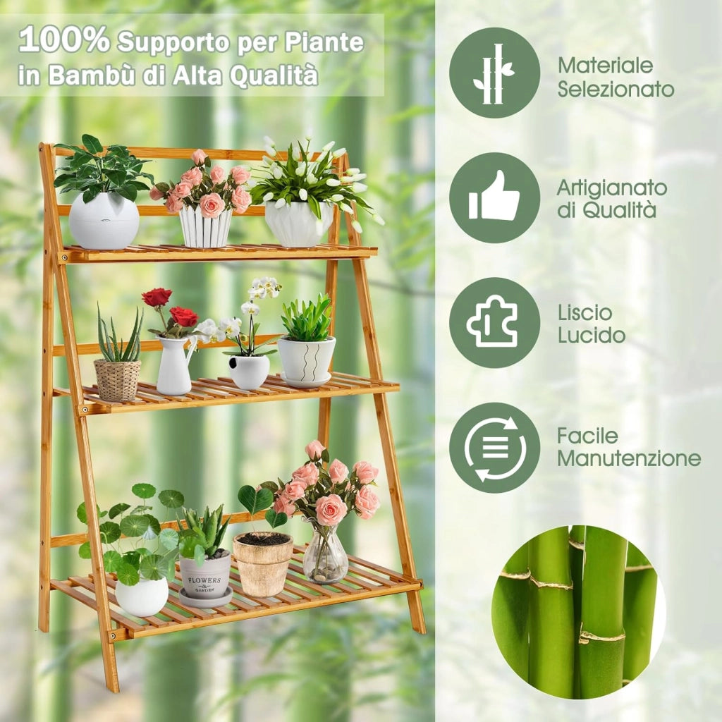 Scaffale Porta Piante Pieghevole in Bambù, Scaffale a Scala per Piante e Fiori con 3 Ripiani, Portapiante da Interno ed Esterno, Ideale per Terrazza, Giardino, Balcone e Portico