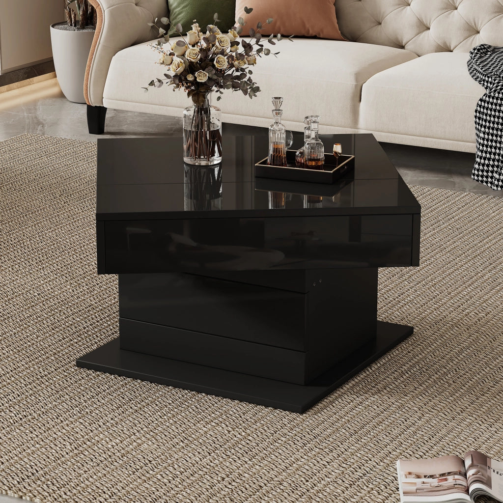 TAVOLO da salotto 70x70x45 cm nero lucido con piano sollevabile e 1 cassetto
