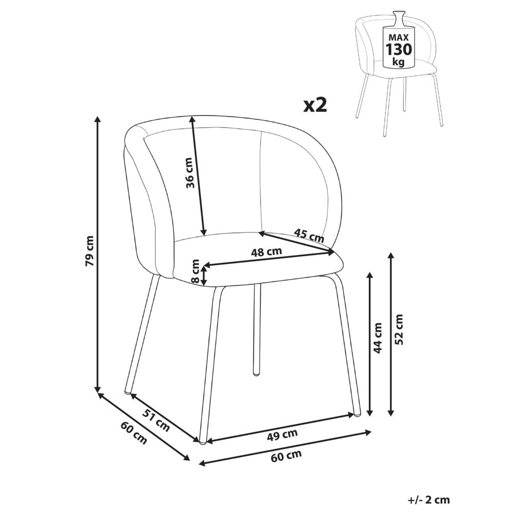 Set di 2 sedie da pranzo imbottite senza braccioli, rivestimento bianco sporco, base in metallo, design retrò