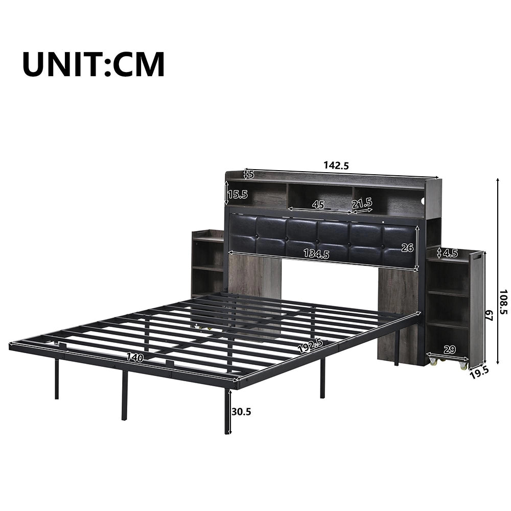 Letto matrimoniale - Xylo - 140x190 cm - Grigio - Testiera, comodini scorrevoli, ricarica USB/LED