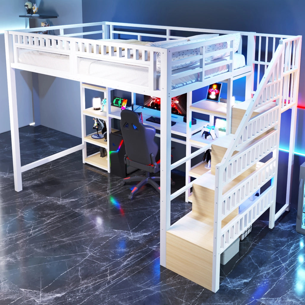 Letto a castello bianco con funzione scrivania e illuminazione LED in metallo 140x200 cm