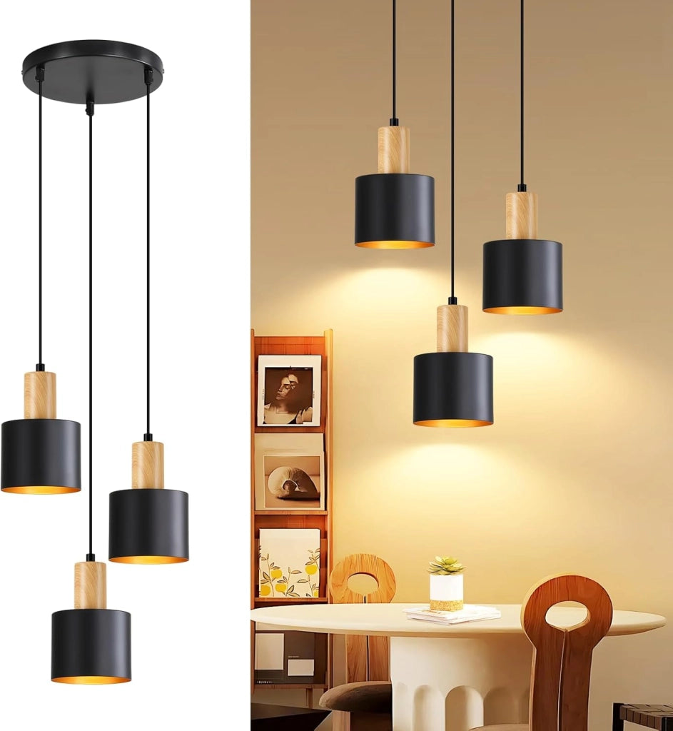 Lampada a sospensione ZMH vintage E27 nera e oro lampada da pranzo a 3 luci lampada a sospensione regolabile in altezza