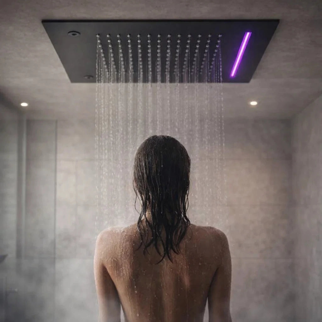 Soffione led a soffitto da incasso con cascata acciaio nero quadro ogomondo *** confezione 1