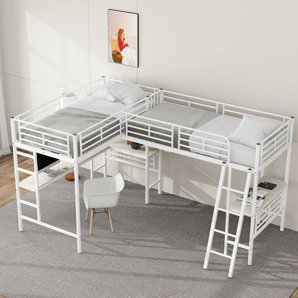 Letto a castello 90x200 cm - Xylo - Bianco con tavolo e scala