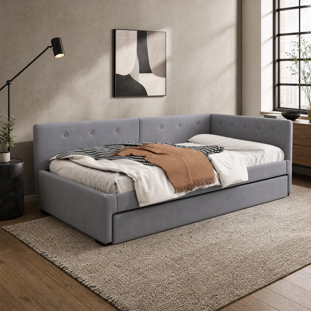 Letto singolo imbottito 90x200 cm con letto estraibile grigio