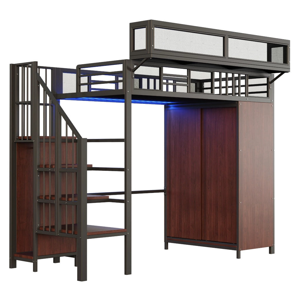 Letto a soppalco 90x200 cm con armadi, LED e scala contenitore