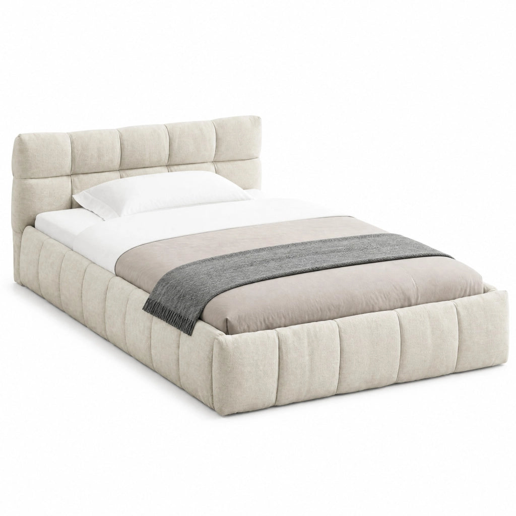 Letto singolo per bambini 90x200 cm imbottito in ciniglia con struttura in eucalipto e ferro; beige