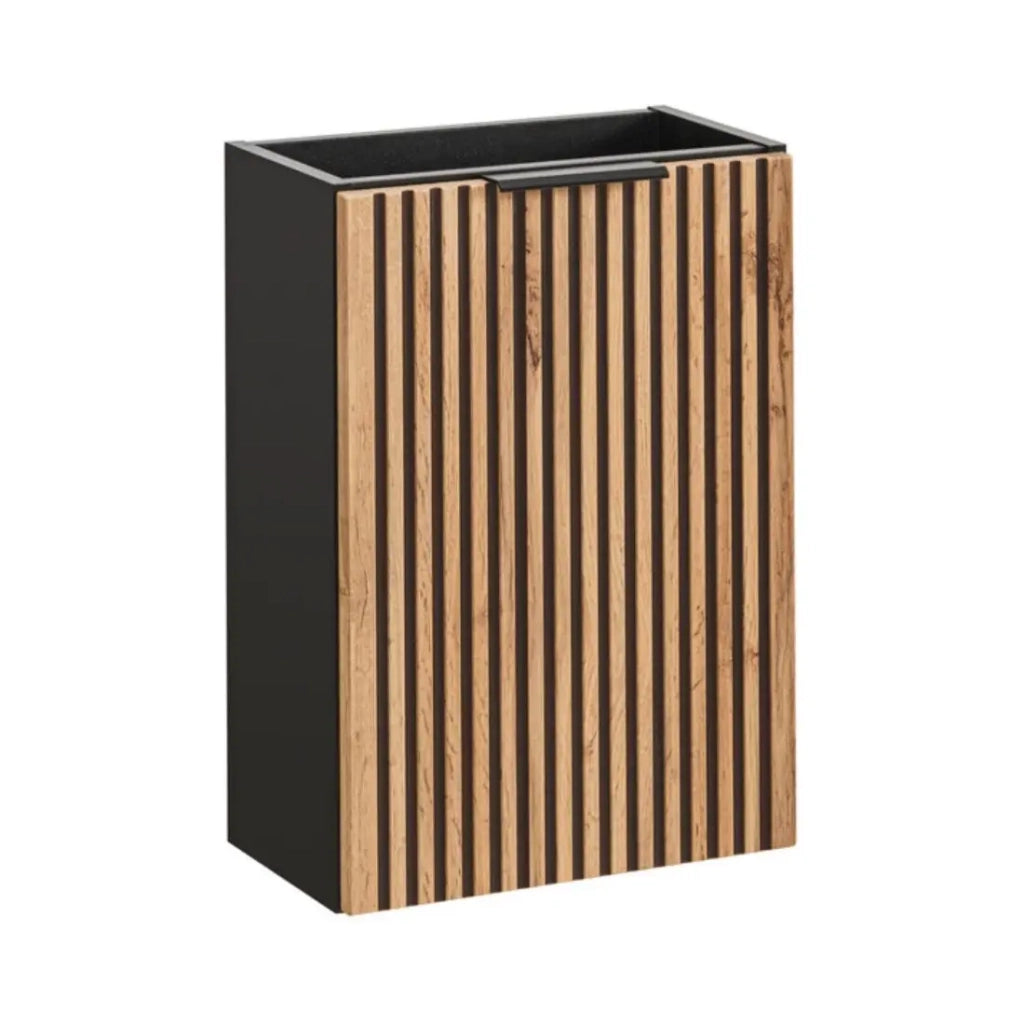 Piccolo mobile sotto lavabo KINOKO - 1 porta - Finitura doghe in legno naturale e nero - L40 × P22 × H57 cm - Da appendere