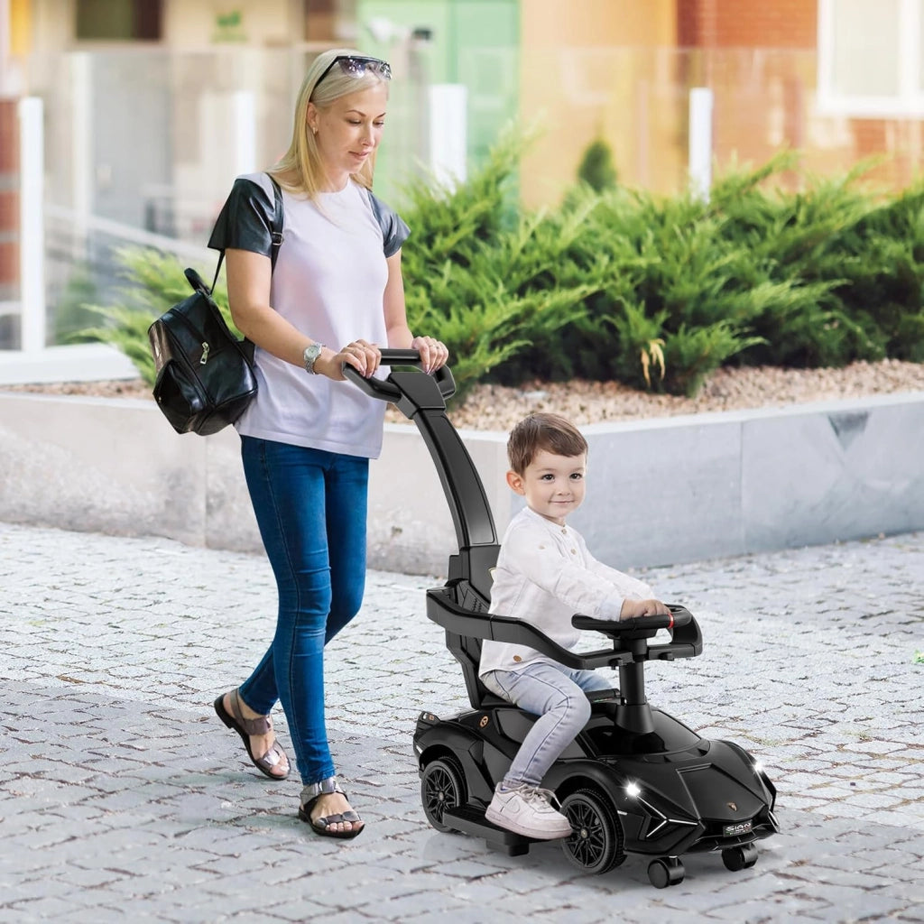 3 in 1 Auto da Spinta, Auto Scorrevole con Paracolpi e Manubrio Rimovibili Musica e Fari, Spazio di Stoccaggio Nascosto e Ruote Universali Staccabili, Bambini 18-24 Mesi (Nero)