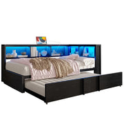 Letto a Divanetto 90 x 200 cm con estraibile; 5 armadi; LED e USB in metallo e MDF nero