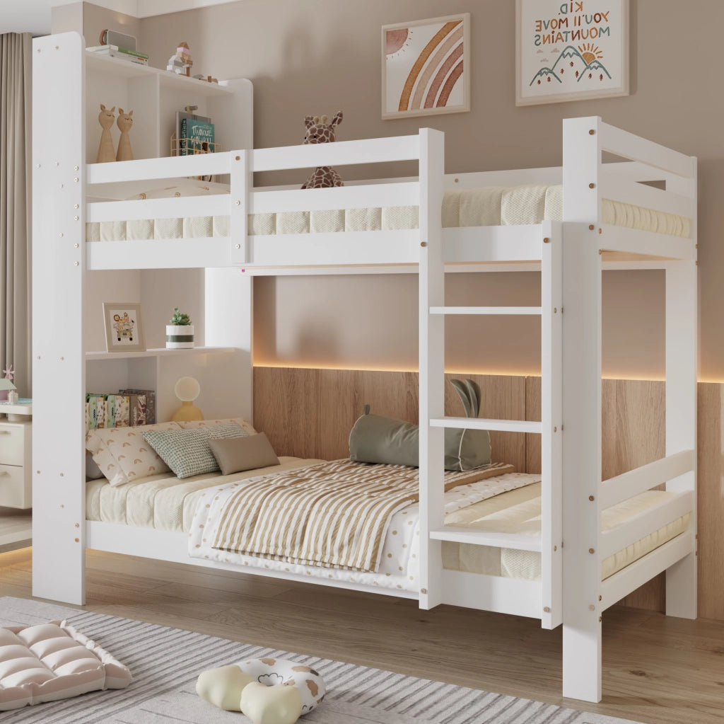 Letto a castello con ripiani e scala angolare a 3 gradini; 90x200 cm; bianco