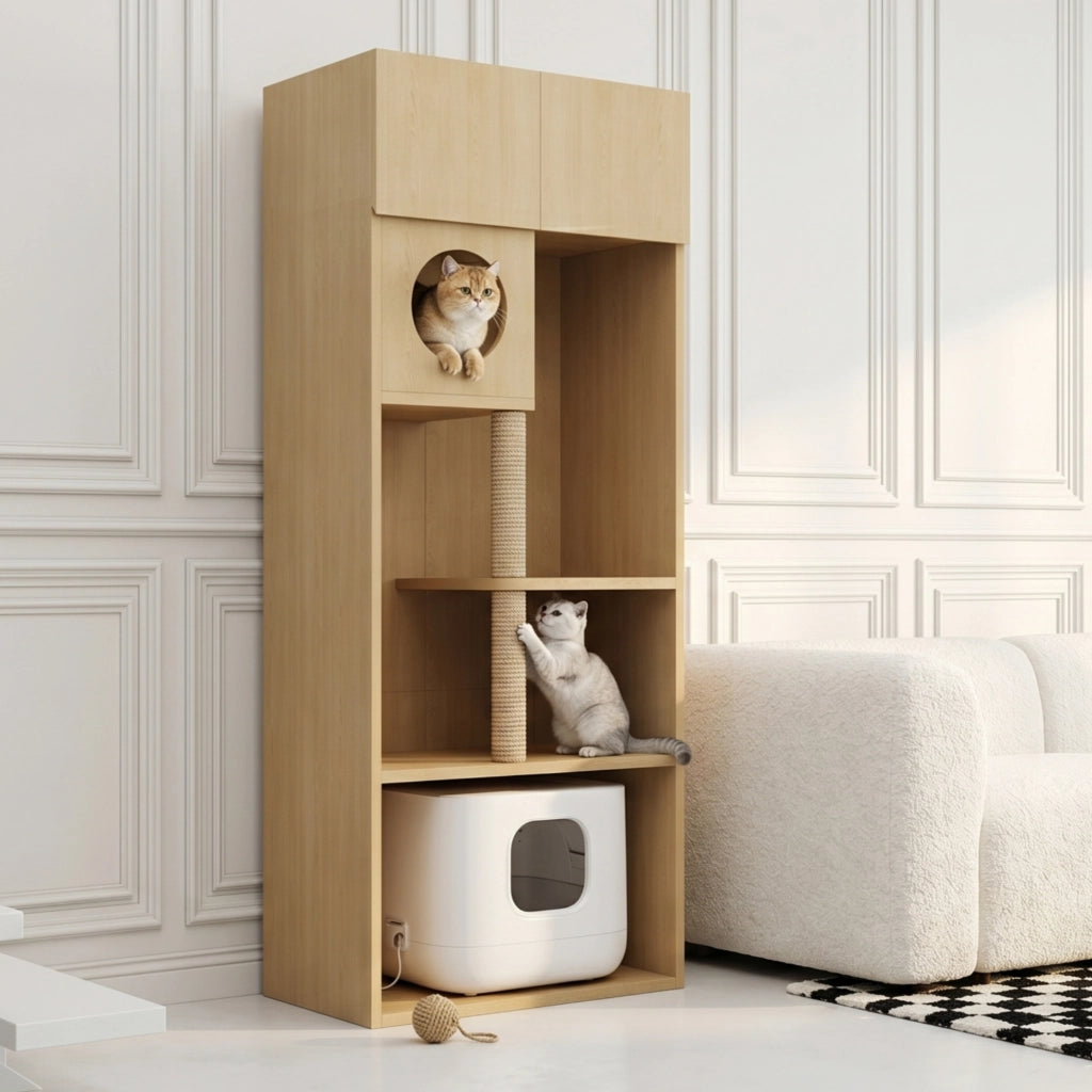 Mobile contenitore per gatti con tiragraffi in sisal; cuccia rotonda e vano chiuso con ripiani; in MDF; 80×45×193 cm