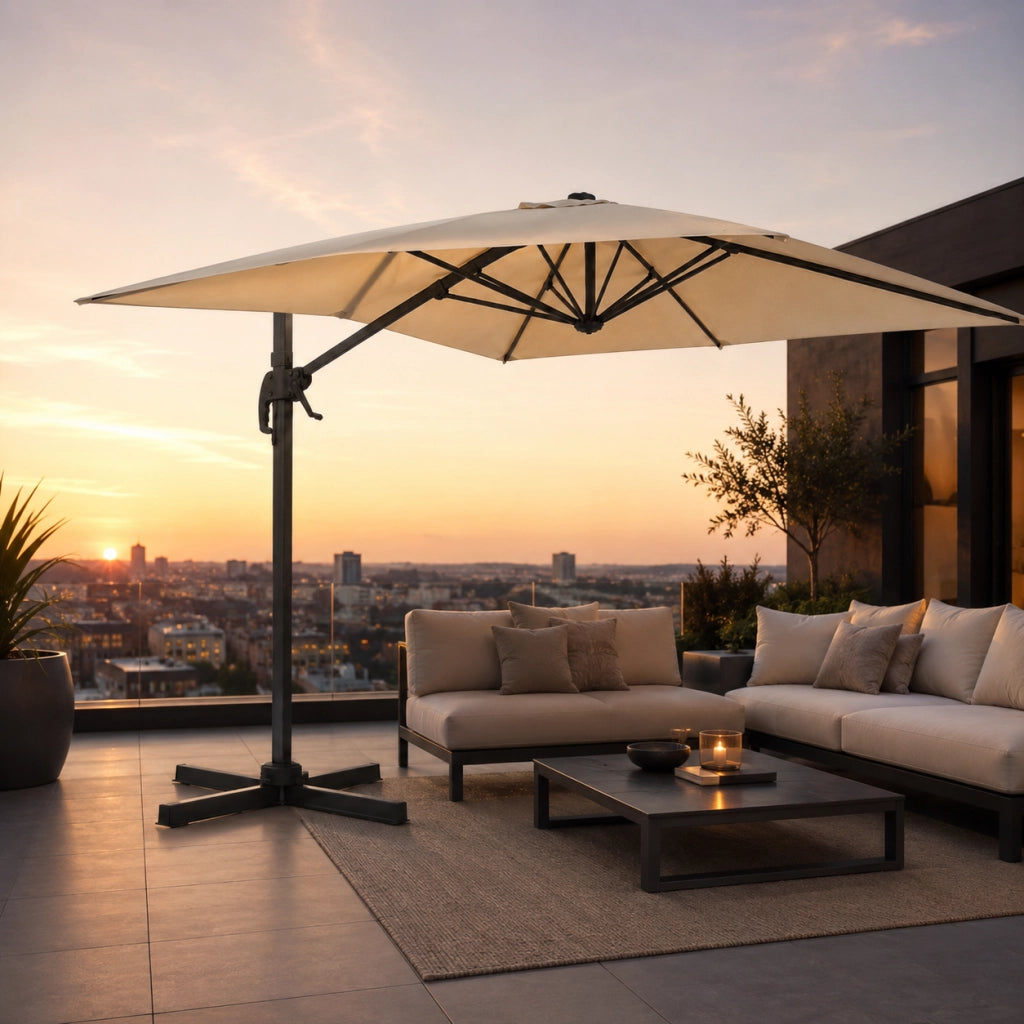 Ombrellone Decentrato Girevole 360° Rettangolare Con Struttura In Alluminio E Rotante Braccio In Acciaio Base a Croce E Custodia Inclusa Per Giardino Terrazza Patio E Piscina 4X3 M Ecrù