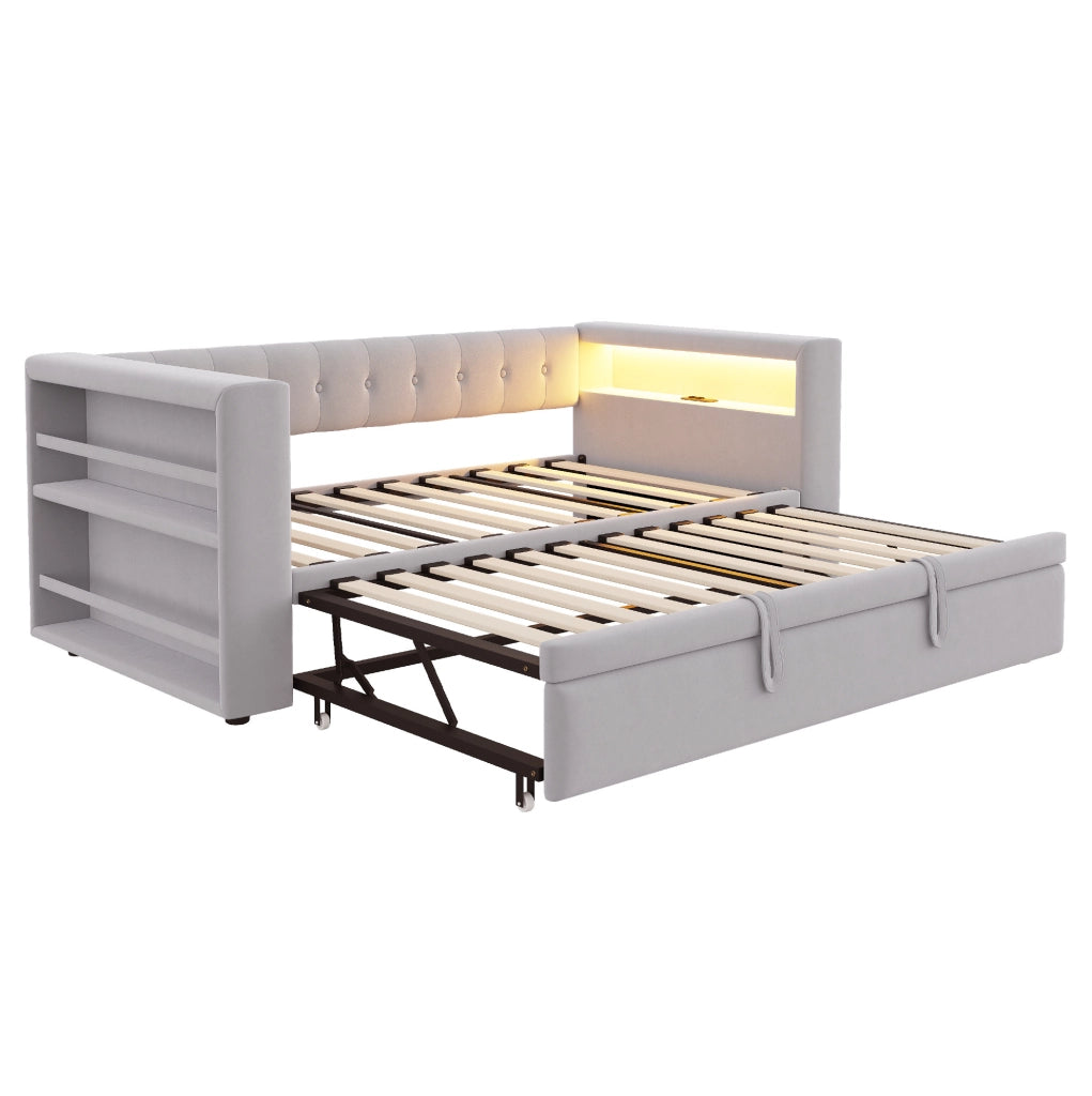 Divano letto 90/180x190 cm con LED multicolore, presa e vani contenitore grigio chiaro