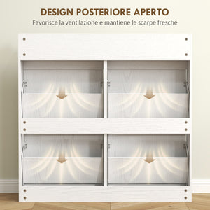 Scarpiera Slim 98x19,2x95,3 cm con 4 Ante a Ribalta e 2 Cassetti in Legno Bianco
