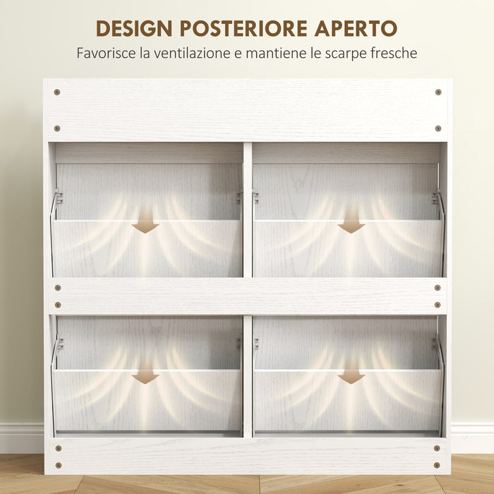 Scarpiera Slim 98x19,2x95,3 cm con 4 Ante a Ribalta e 2 Cassetti in Legno Bianco