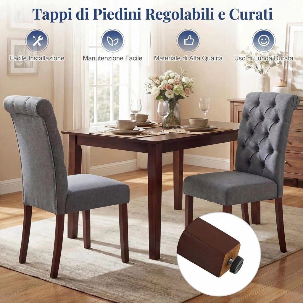 Set di 2 Sedie Imbottite da Cucina, Sedia Sala da Pranzo con Schienale Alto, Cuscino Comodo e Gambe in Legno Massello, Sedia Moderno per Camera da Letto, Salotto, Salone e Ristorante (Grigo)