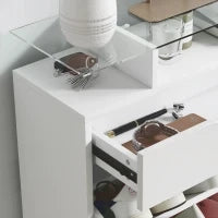Scarpiera Moderna con 2 Cassetti per 16 Scarpe, Scarpiera a Ribalta con Mensola Regolabile e Ripiano in Vetro, 89x23x96cm, Bianco Lucido