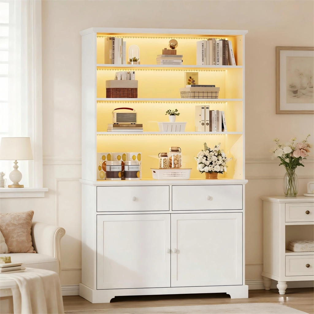 VETRINA con LED 100x38x170 cm Bianca in Truciolato con 2 Cassetti e 2 Ante