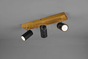 MARLEY BARRA 3 SPOTS CILINDRI NERI BASE LEGNO NATURALE L. 44CM 3 LUCI ATTACCO GU10