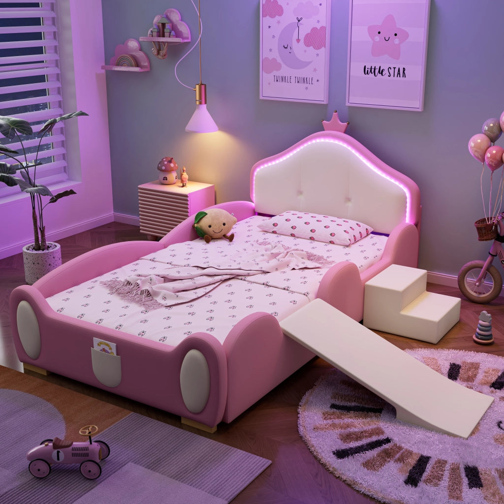 OKWISH Letto Bambini 90×200 cm, Letto Singolo con LED Multimode, Scivolo e Scala, senza Materasso, in PU, Rosa