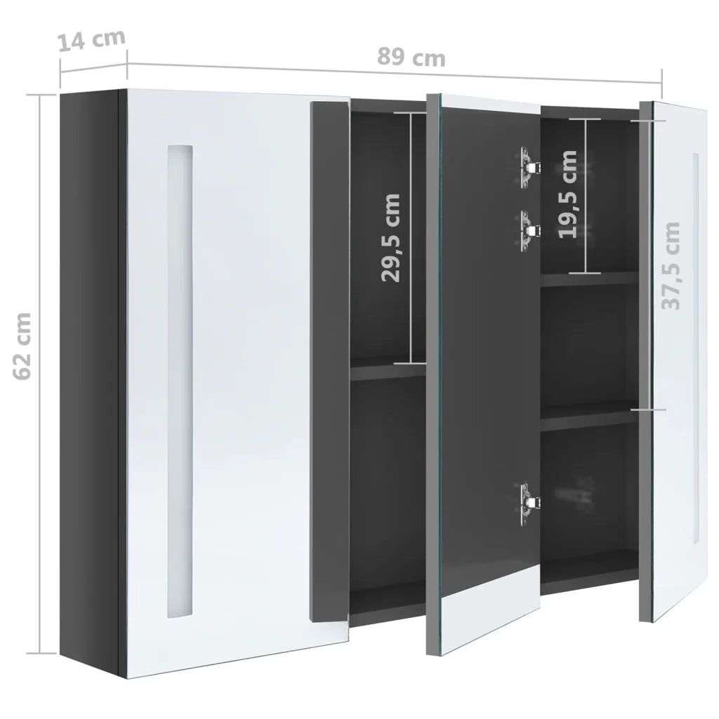 Armadietto Bagno con Specchio e LED-Mobile bagno con specchio 89x14x62 cm Grigio Lucido