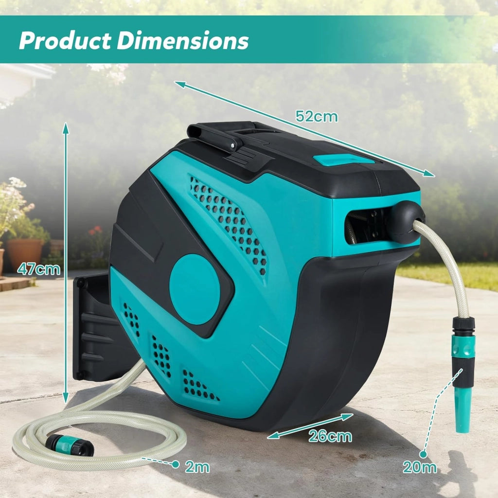 Avvolgitubo da Giardino Automatico a Muro, Tubo in PVC 20/30 M con Tubo di Alimentazione 2 M, Supporto Girevole a 180°, Ritorno Lento, Avvolgitubo Acqua Retrattile con Ugello Spray (20 M)