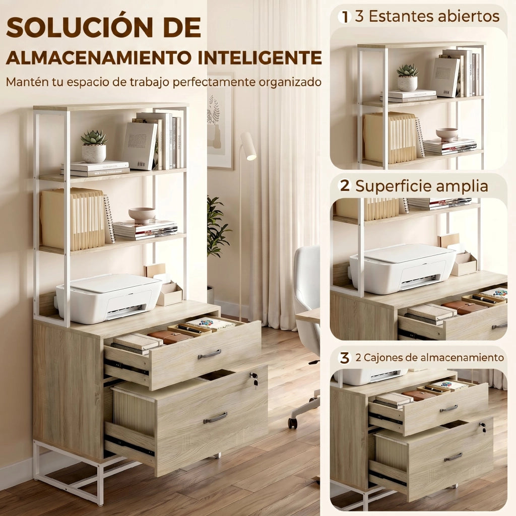 Cassettiera con Scaffale 2 Cassetti Ripiano Stampante Serratura A4 ¨C Xylo ¨C Rovere