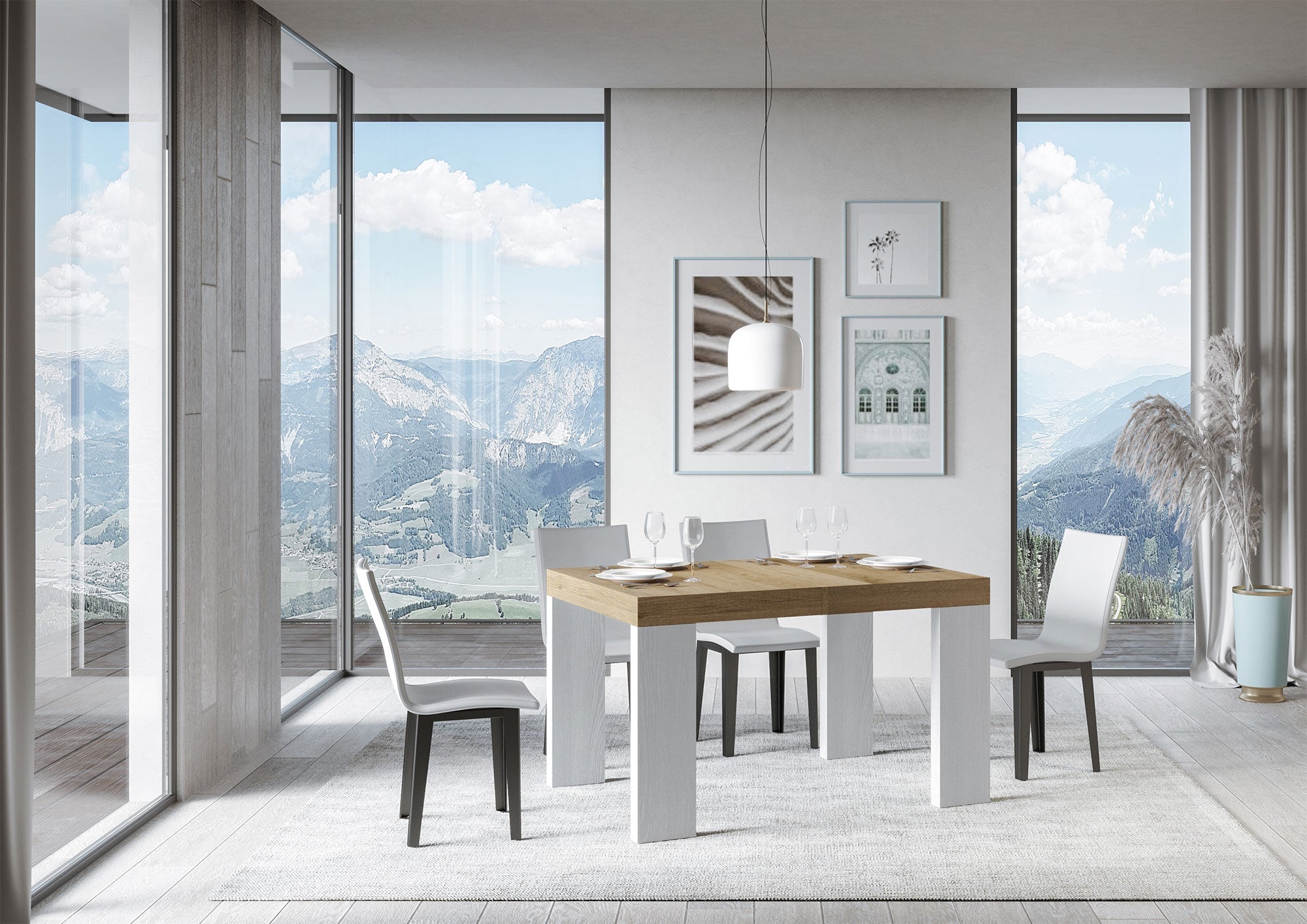 Tavolo Allungabile 130/390x90x77 cm Roxell Mix piano Quercia Natura gambe Bianco Frassino