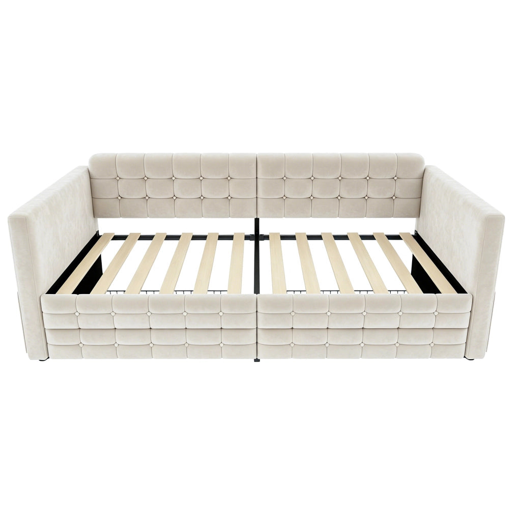 Divano Letto 90x190 Imbottito in Velluto Beige con Due Cassetti e Tasche Laterali