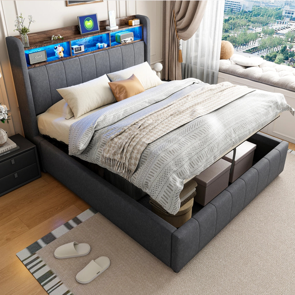 OKWISH Letto Contenitore 140×200 cm, Letto Matrimoniale con LED Regolabile, USB, Tipo C, Mensole e Contenitore, senza Materasso, Tessuto Grigio