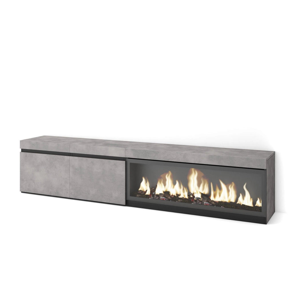 Mobile TV, Soggiorno, 208x35x45cm, Per TV fino a 80", Camino elettrico XXL, grigio cemento RF3210