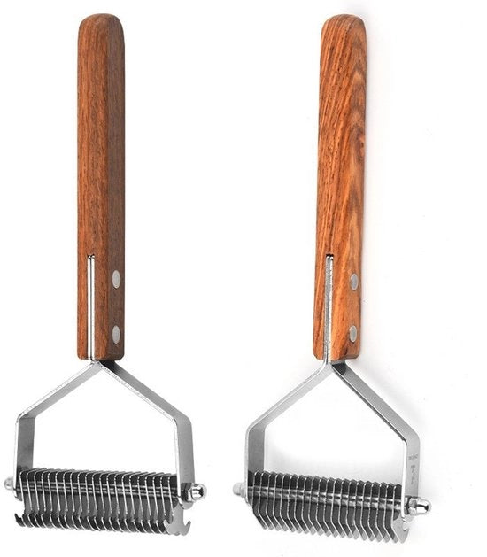 Set di Pulizia per Cani e Gatti in Legno - Rasoio per Animali con Lama Aperta + Scissor in Acciaio Inossidabile, Rimuove Pelliccia Superflua e Matting - 2 pezzi