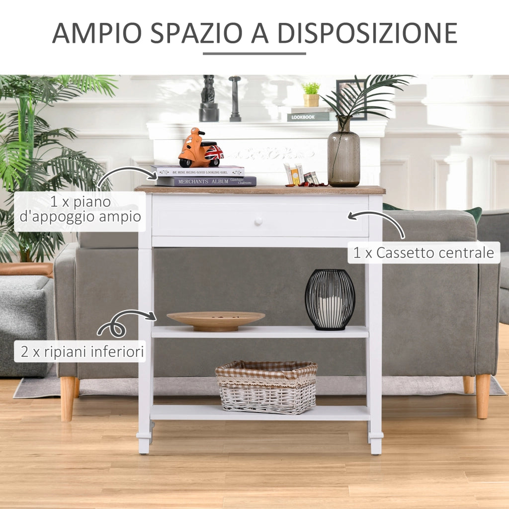 EasyComfort Tavolo Consolle Bianco e Color Legno con Cassetto e 2 Ripiani, Tavolino Salvaspazio in MDF, 75.6 x 27.5 x 80.5cm