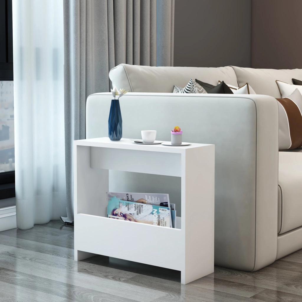 Consolle da Divano 'Rødovre' Tavolino Laterale con Contenitore Portaoggetti Portalibri - Bianco [en.casa]