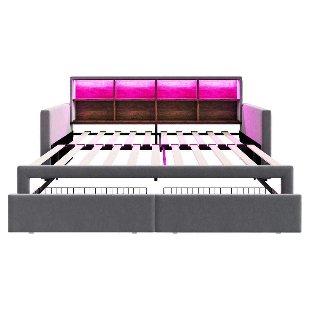 Letto imbottito estraibile 90x190 cm con LED, prese e cassetti