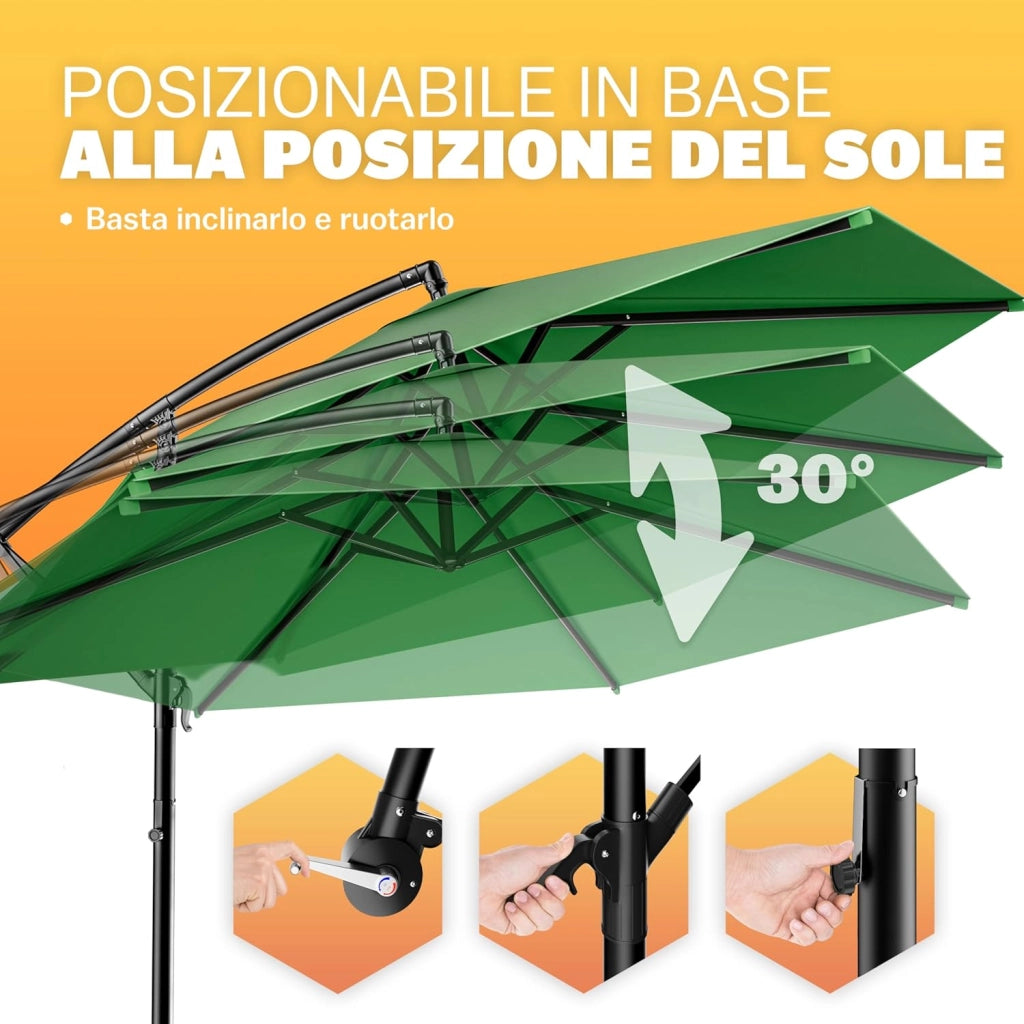 Ombrellone da Giardino Decentrato UV 50+ Regolabile 330cm Manovella Terrazzo Balcone