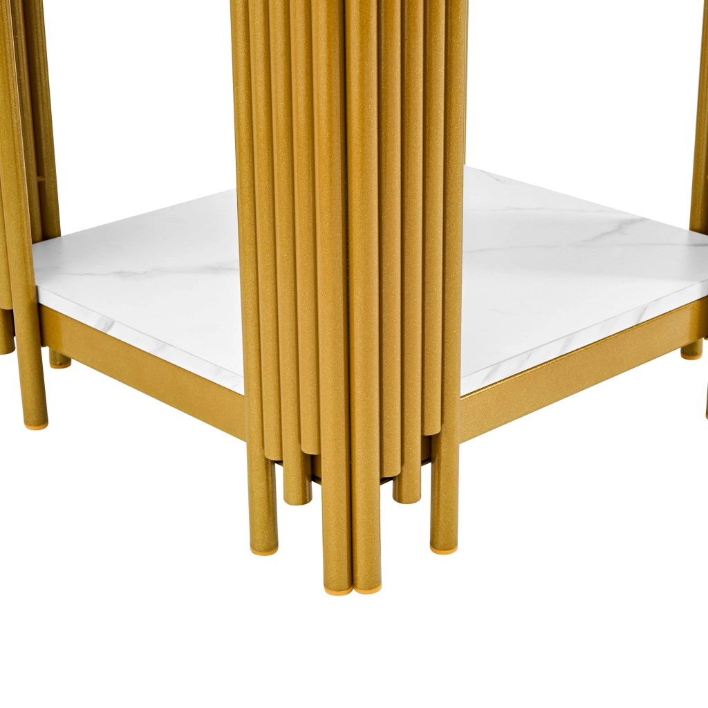 Comodino con 2 ripiani in MDF e metallo effetto marmo bianco e oro per camera da letto e soggiorno 43 × 40 × 55 cm