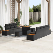 Set di Divano da Giardino con Cuscini Neri in Polyrattan Acacia