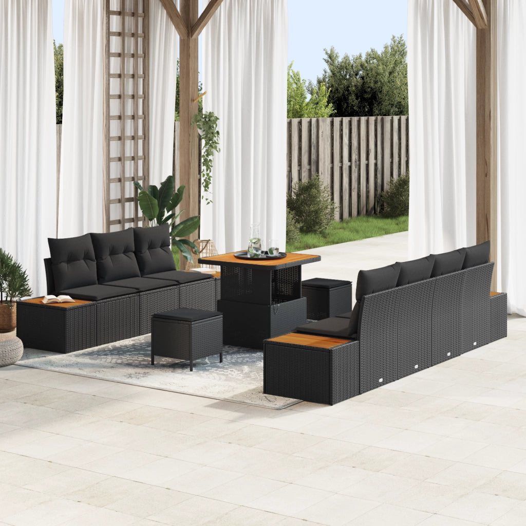 Set di Divano da Giardino con Cuscini Neri in Polyrattan Acacia
