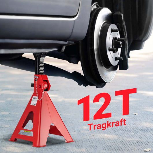 Set di 2 cavalletti auto, cavalletti per carrozzeria, capacità 12 tonnellate/coppia, altezza regolabile 49-75 cm, testa in gomma antiscivolo