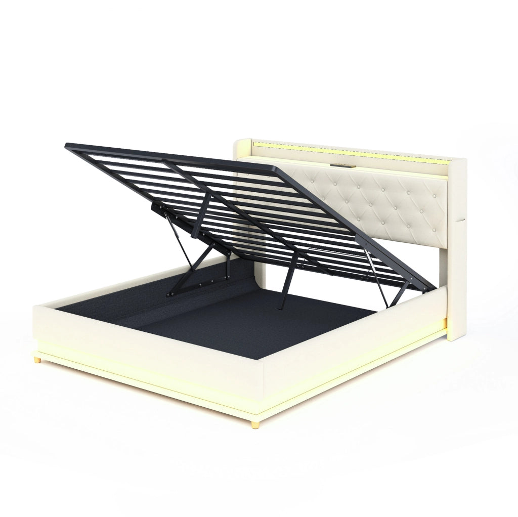 Letto matrimoniale imbottito LED 160x200 cm con porta USB e contenitore idraulico; beige