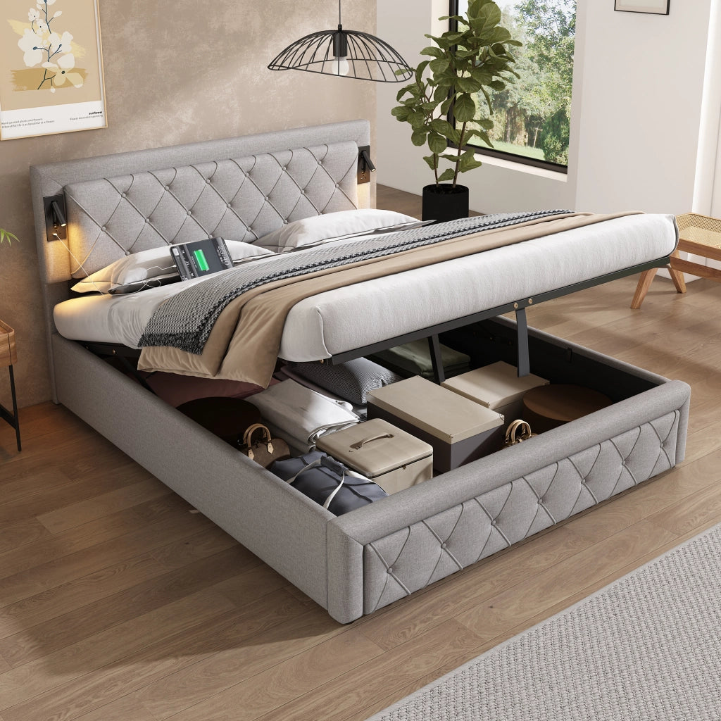 DESMIU Lit coffre 2 places avec LED, USB e contenitore, sans matelas, in lino, grigio