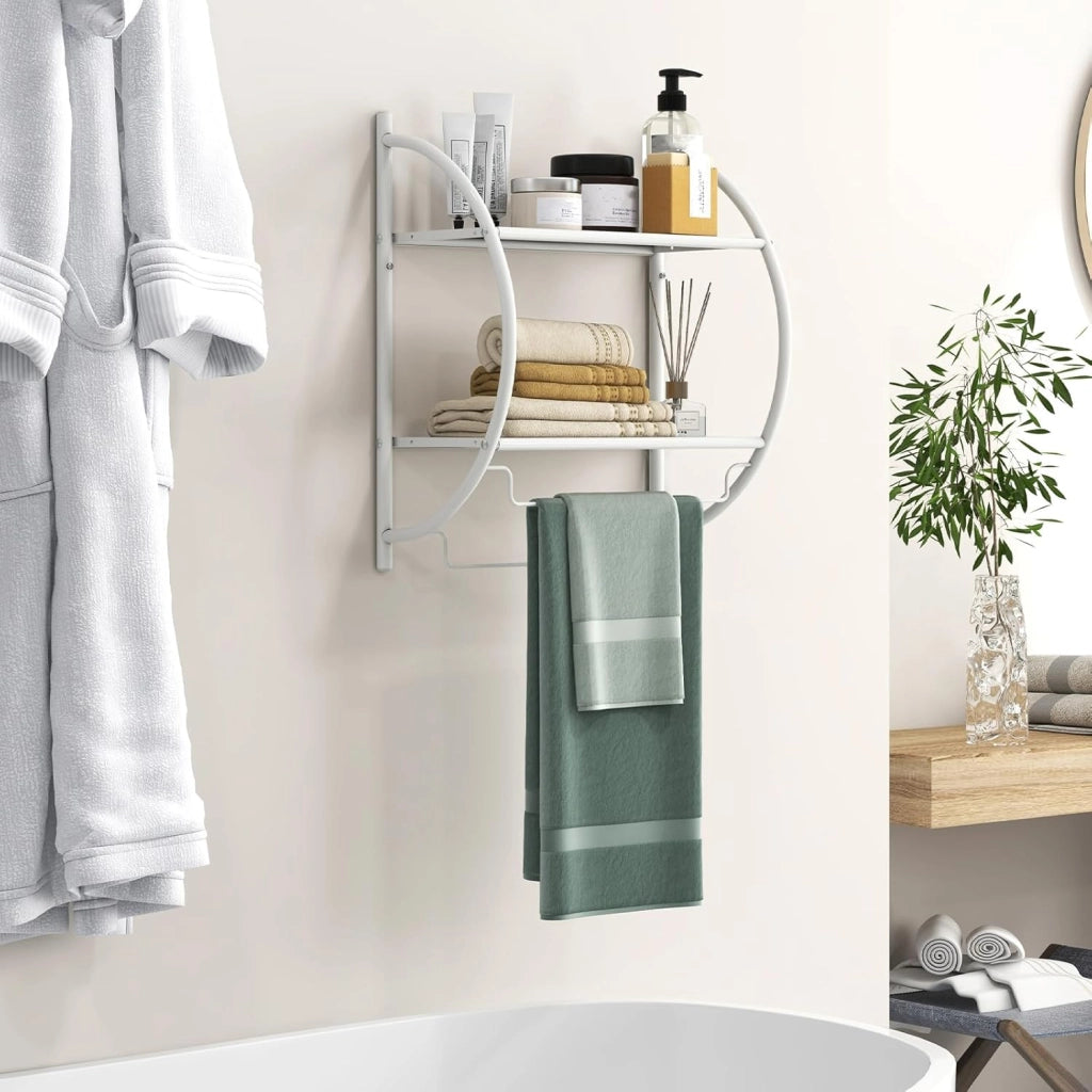 Porta Asciugamani Bagno da Parete, Mensola Bagno Doccia, Montaggio a Parete, con 2 Ripiani e 2 Portasciugamani, per Asciugamani, Antiruggine，45x25,5x55 cm (Bianco)