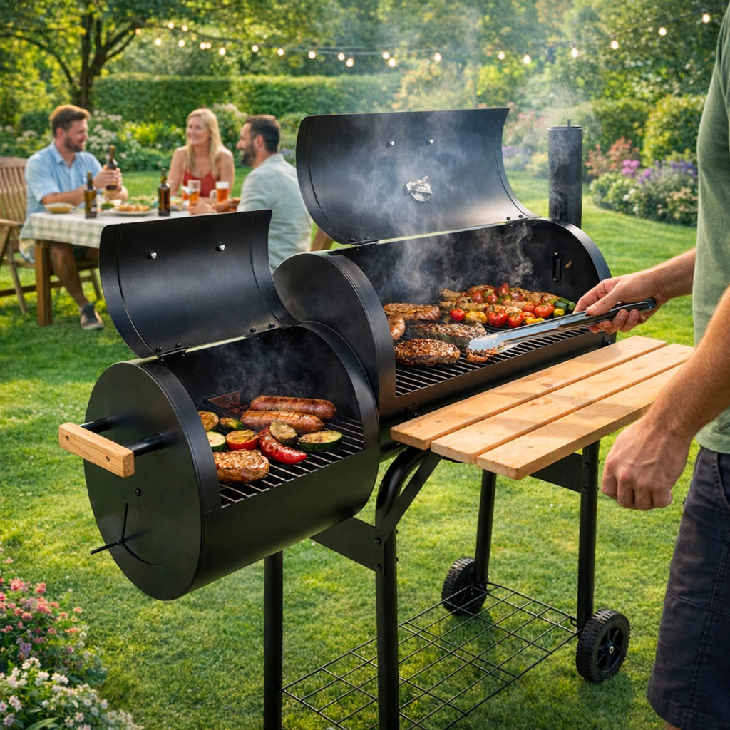 Barbecue A Carbone Con Camera Affumicatura Laterale BBQ Con Termometro Integrato Griglie Cromate Ripiano E Maniglie Legno Ruote Per Giardino E Terrazzo 109.5 x 59 x 116 Cm Nero