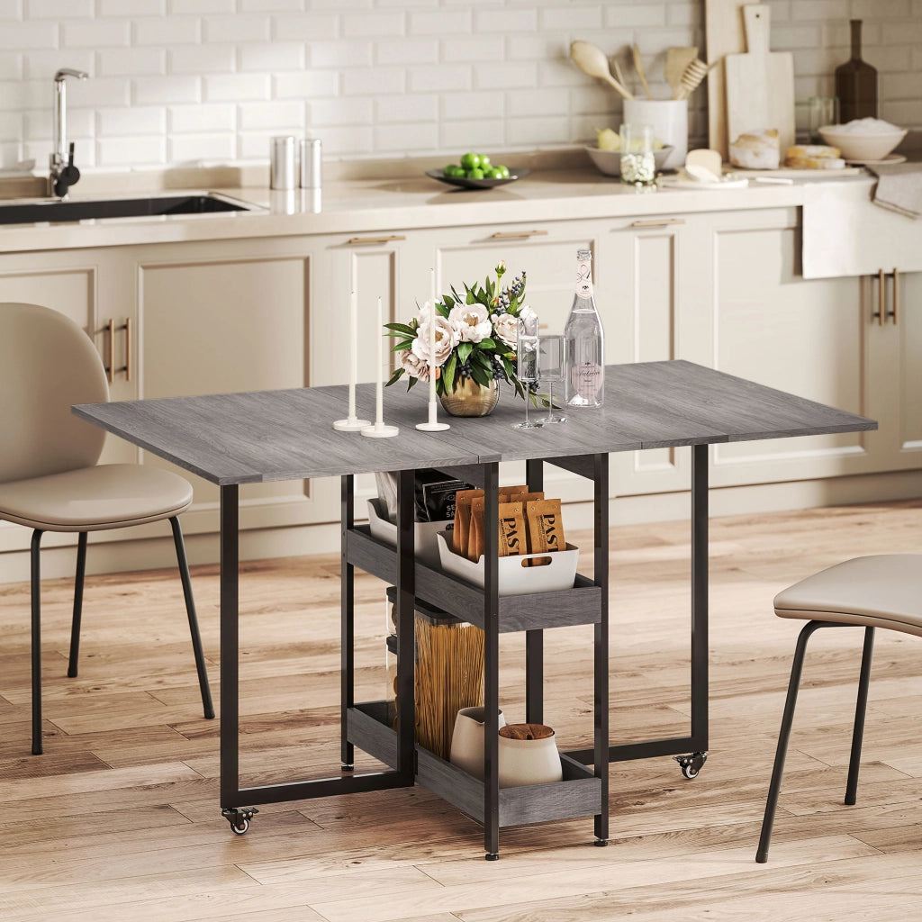 Tavolo Pieghevole Salvaspazio ¨C Xylo ¨C Legno e Metallo Grigio 133.4x80x75 cm con 2 Ripiani